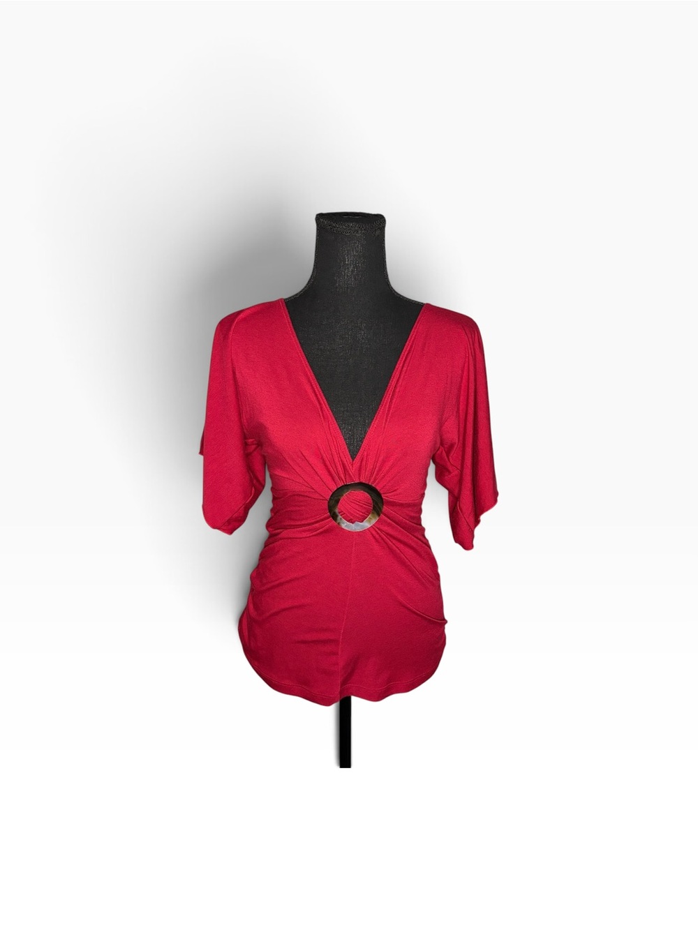 Vintage Y2k Deep V Red Ring-Front Kimono Sleeve Top Large
